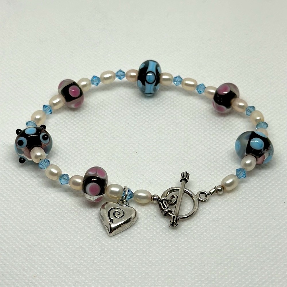 Elegant pearls & Murano beads 925 Sterling silver bracelet